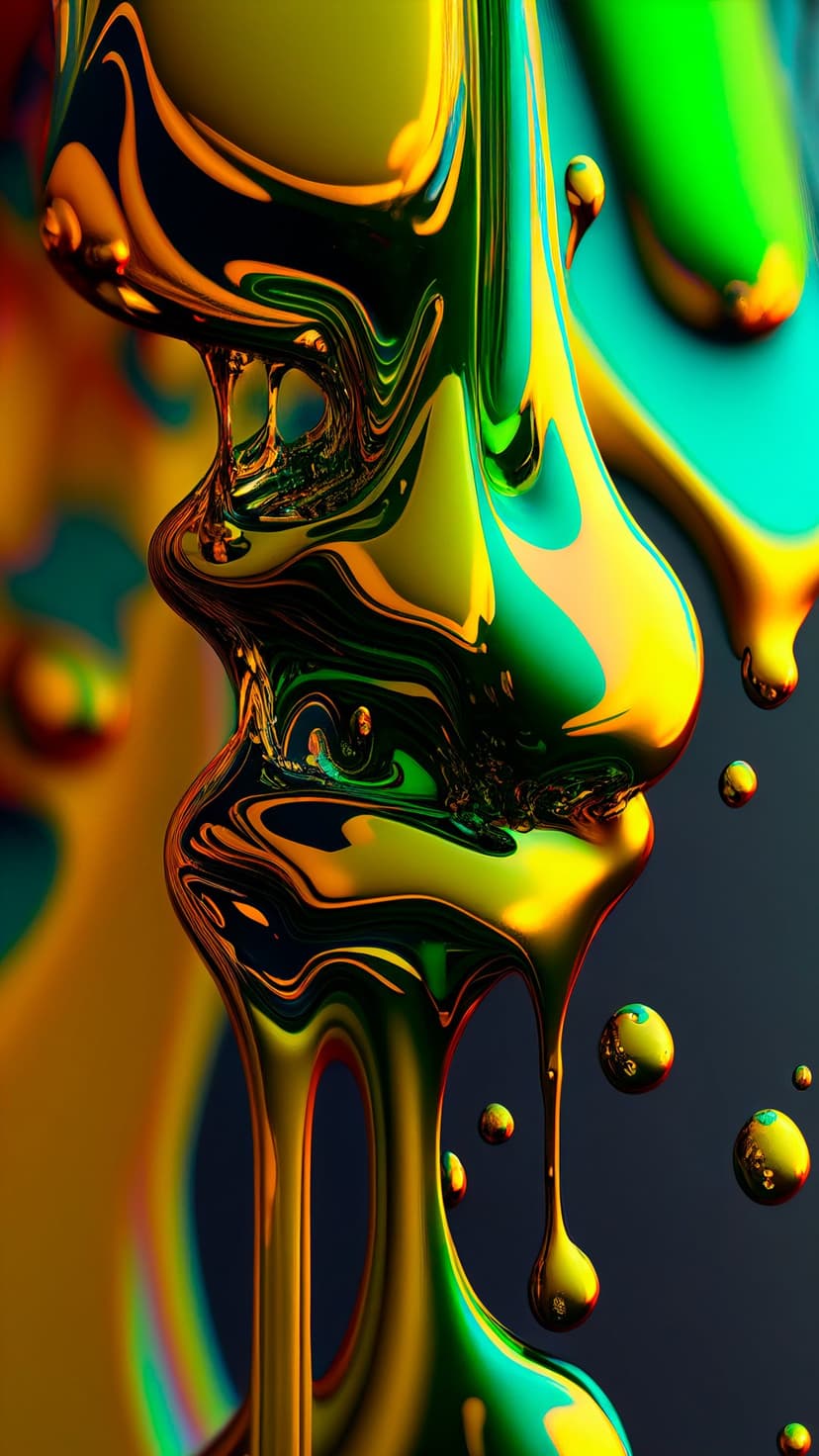 Swirling emerald green and molten gold iridescent liquid with suspended droplets and a metallic glossy finish.