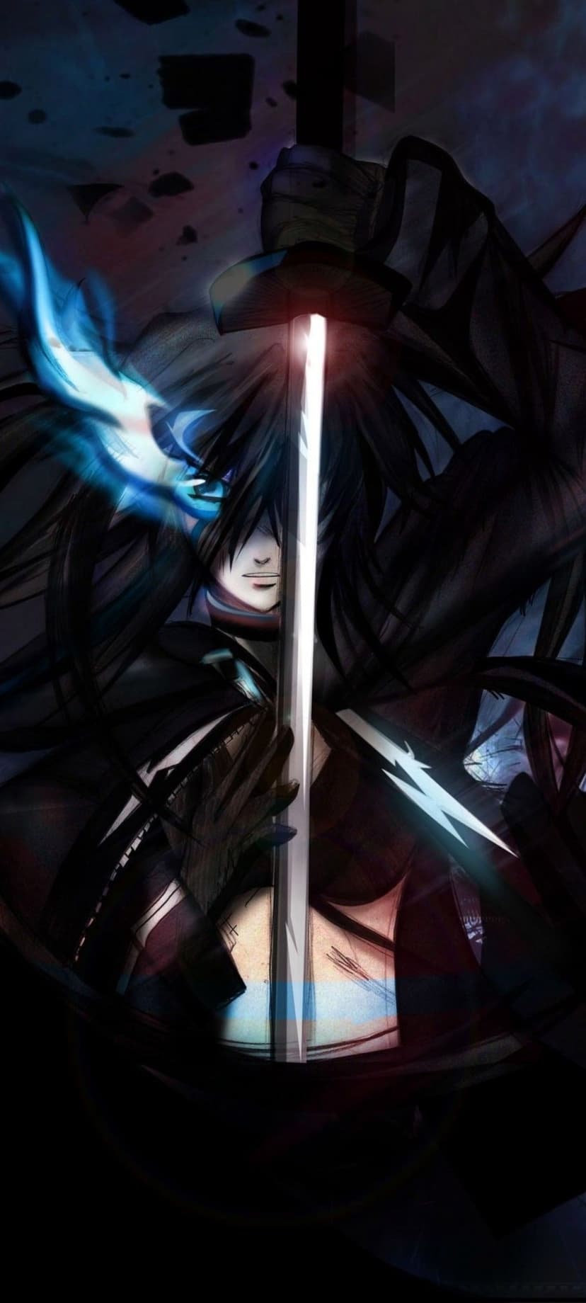 Black-haired warrior with glowing blue eyes holds a luminous white sword as azure flames flicker in the dark.