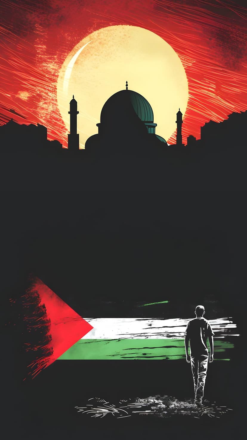 Palestinian flag beside a silhouetted mosque and a person walking under a large moon and deep crimson sky.