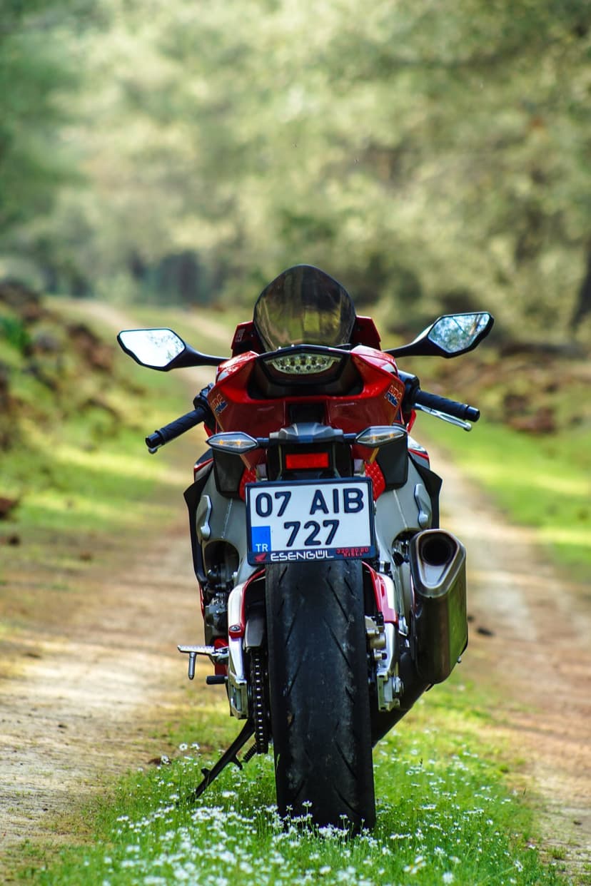 Red sport motorcycle parked on a dirt path with small white flowers against a blurred green forest backdrop.