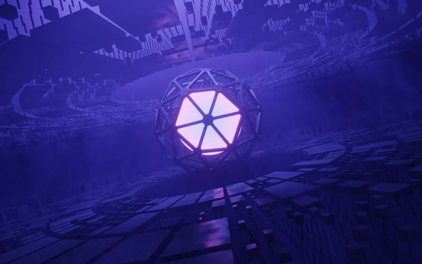 Hexagonal glowing orb floating amidst dark digital circuitry and neon pink energy lines in a sci-fi landscape.