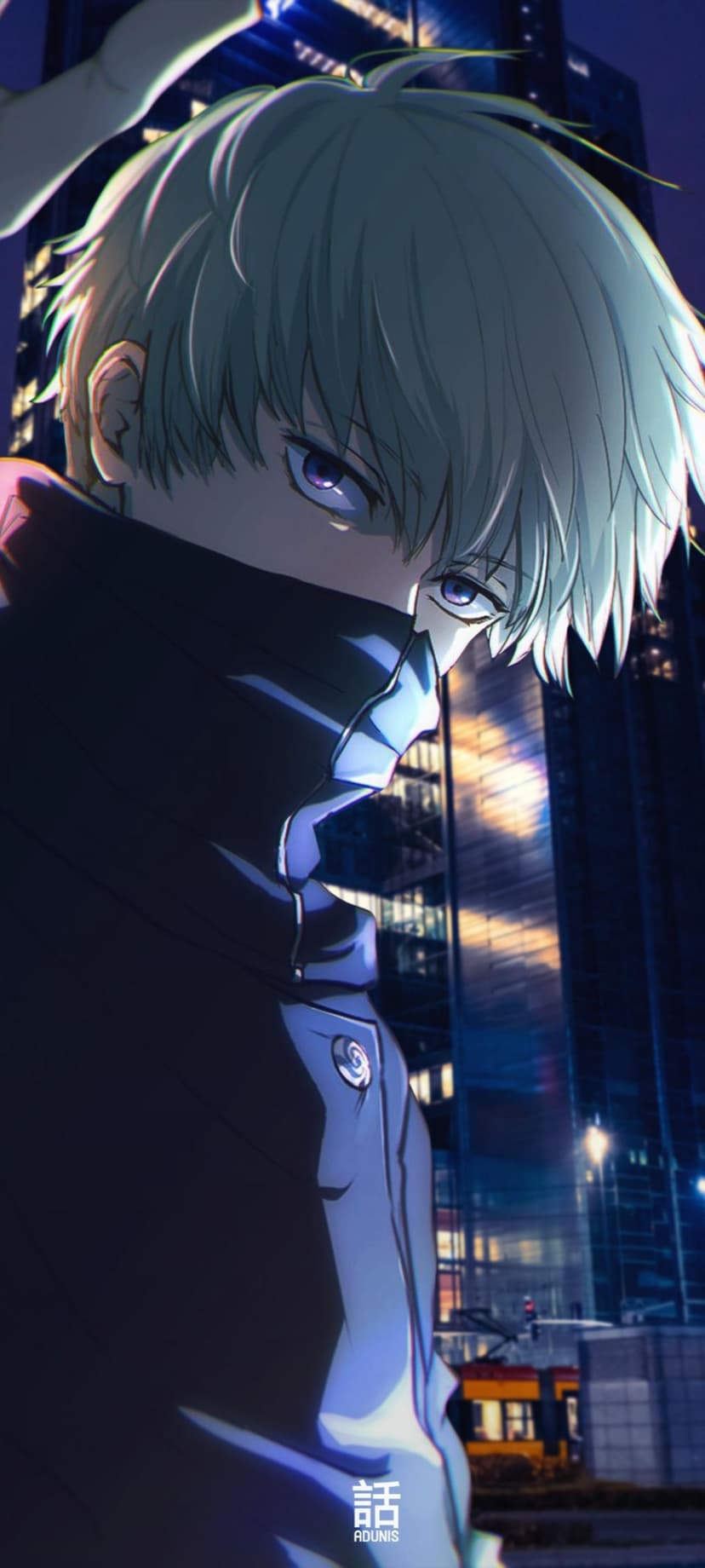Anime character with purple eyes wears a dark scarf and coat against a glowing night cityscape with skyscrapers.
