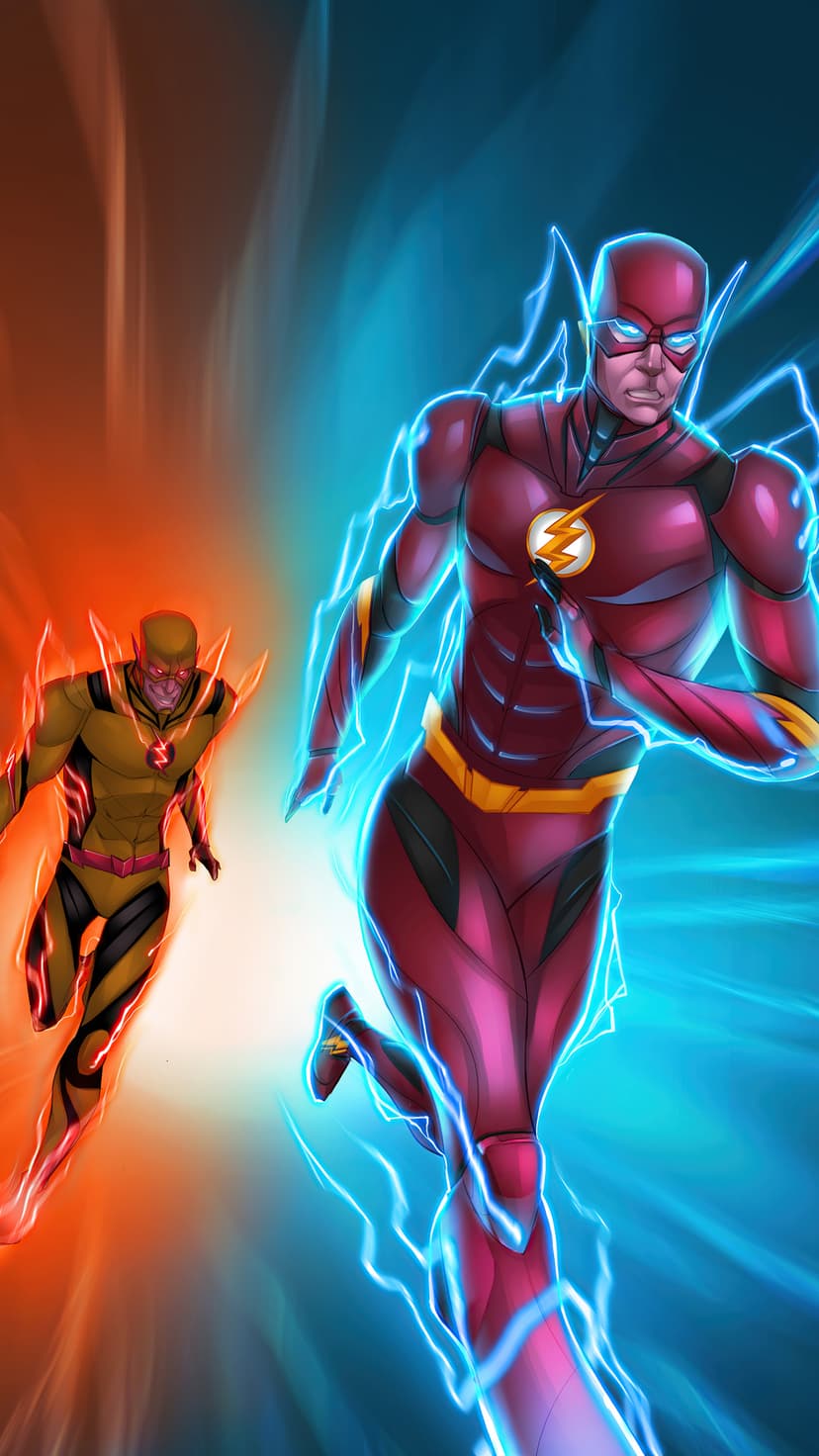 The Flash in red clashes with Reverse-Flash in yellow amidst blue and orange lightning bolts in a high-speed chase.