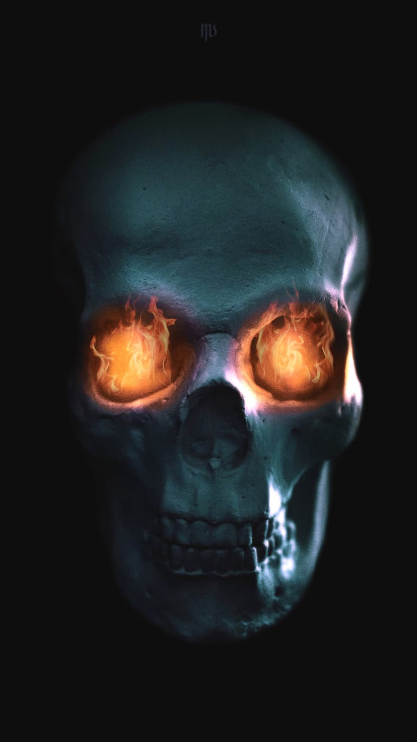 Human skull with glowing orange flames in the eye sockets and teal bone texture against a black backdrop.