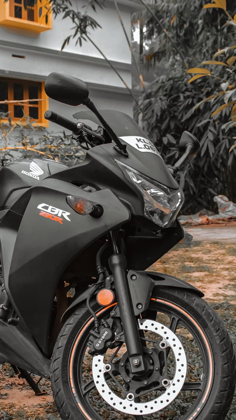 Matte black Honda CBR sportbike featuring a front disc brake against a yellow window frame and green leaves.