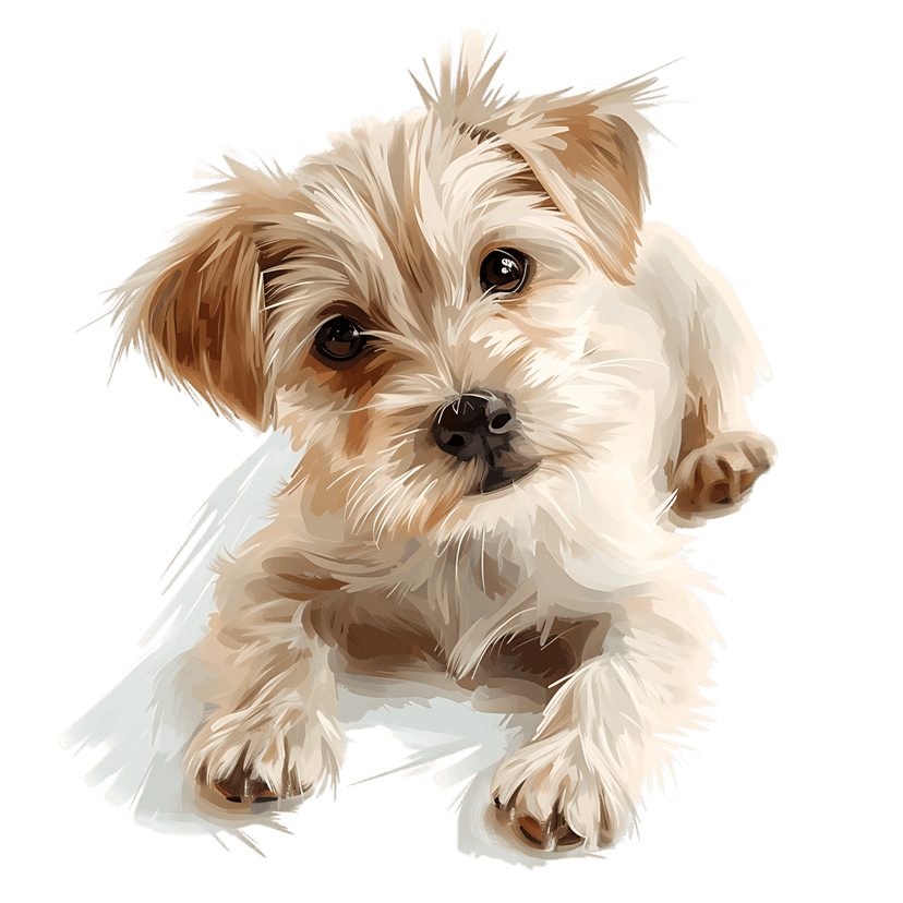 Fluffy brown puppy illustration with large dark eyes and floppy ears in a digital watercolor painting style.