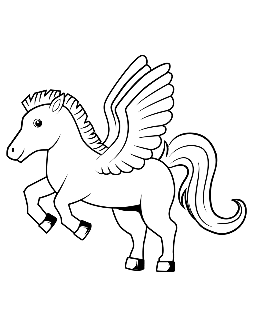 Pegasus line art profile illustration featuring a winged horse with a stylized mane and prancing hooves.