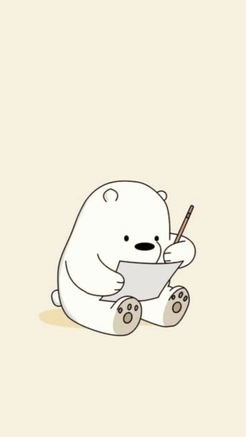 Cartoon polar bear sitting on its hind legs holds a pencil to paper while sketching on a beige background.