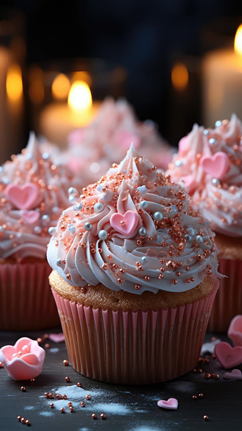 Pink frosted cupcakes with heart-shaped sprinkles and pearls arranged before glowing candles in soft focus.