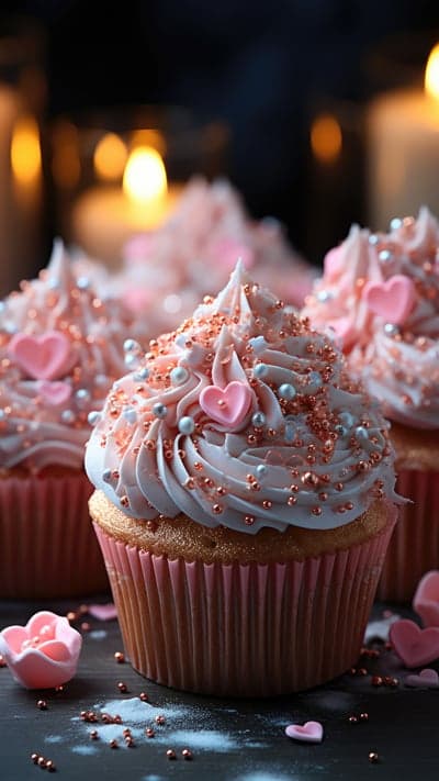 Romantic Pink Cupcakes with Heart Sprinkles and Candles
