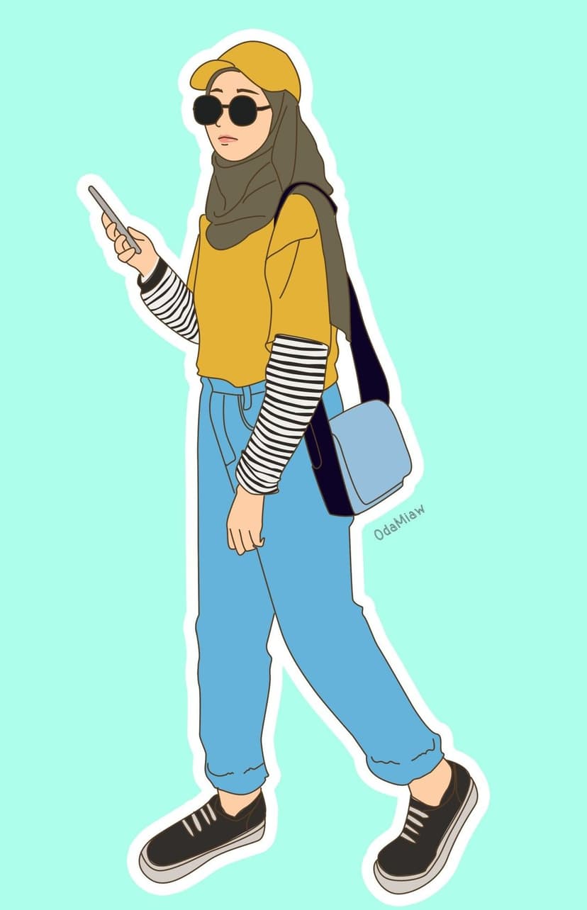 Muslim woman wearing a yellow hijab, sunglasses, and denim jeans holds a phone against a solid light blue backdrop.