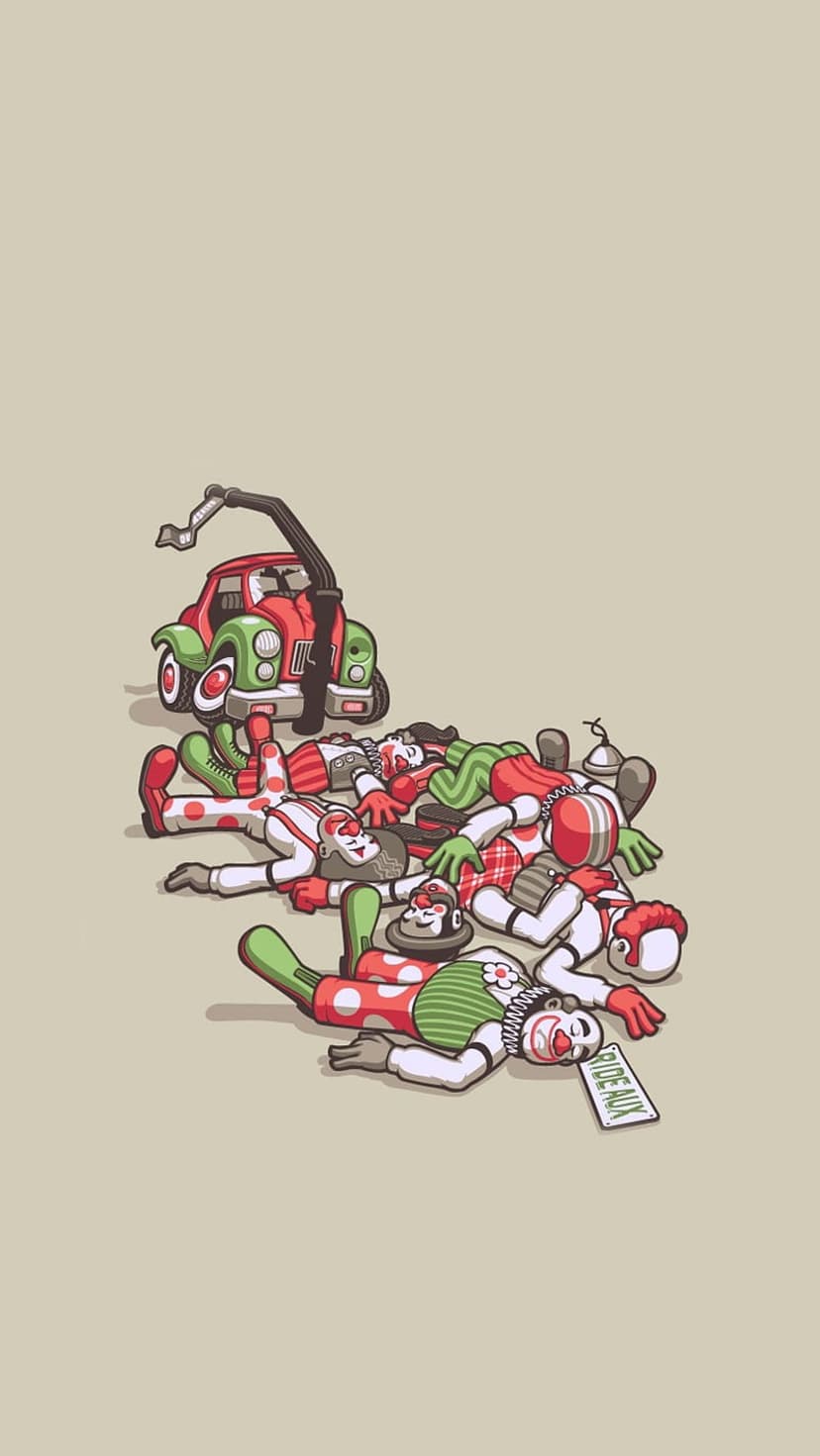 Clowns lie on the ground while a tow truck hook attaches to one in a flat graphic cartoon scene with muted colors.