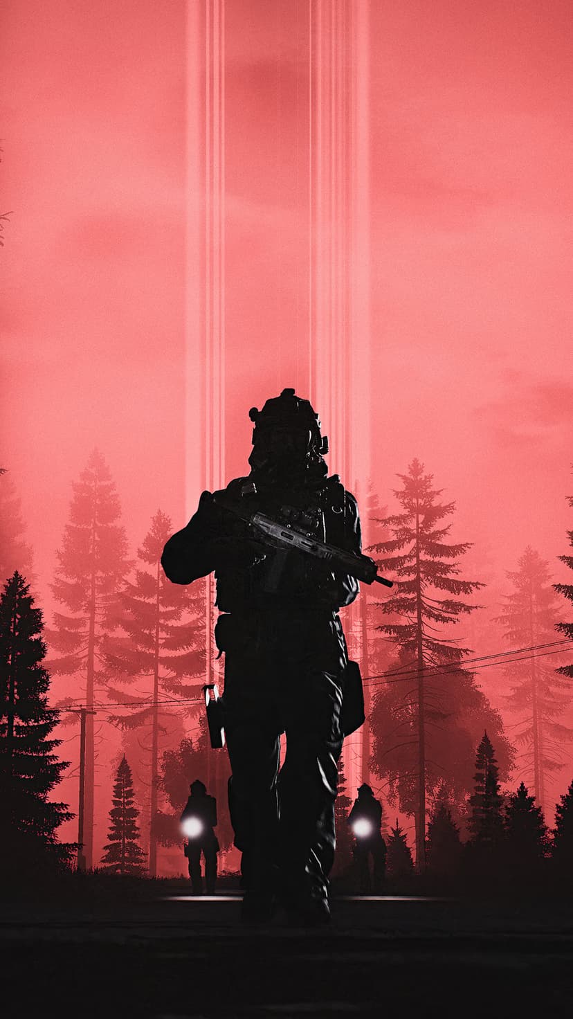 Tactical soldier with rifle silhouetted against a red sky and dark pine forest with vertical light beams.