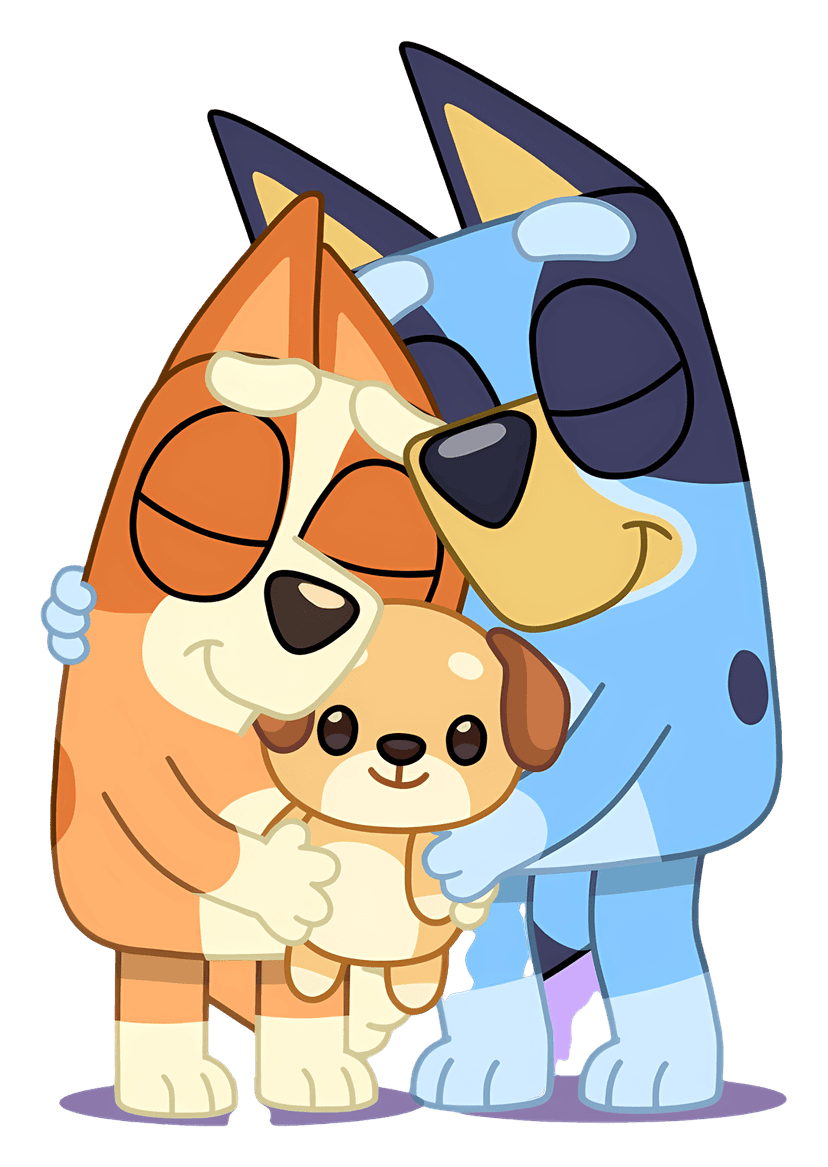 Blue and orange cartoon dogs hugging a puppy in a flat vector style against a transparent background.