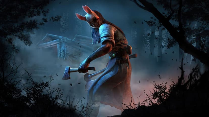 The Huntress in a rabbit mask holds a hatchet in a dark foggy forest with a wooden cabin background.