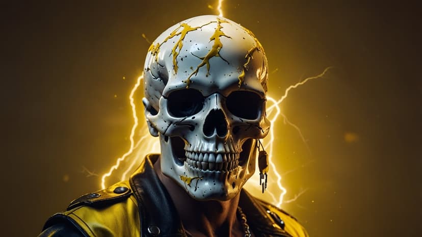 Skull with yellow cracks wears a jacket while lightning bolts flash across a dark background in this portrait.