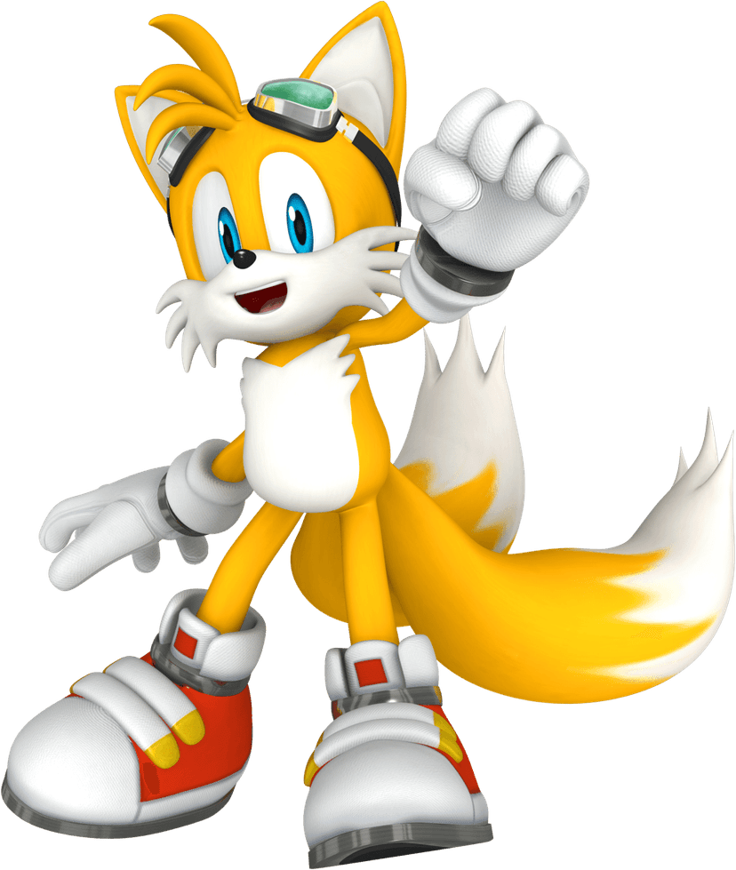 Tails character PNG features the yellow two-tailed fox wearing goggles and gloves in a standing 3D gaming pose.