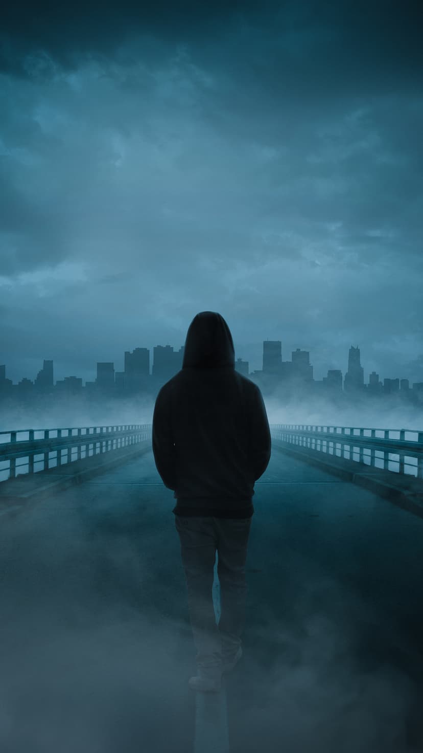 Person in a dark hoodie walks along a misty bridge toward a distant city skyline under an overcast blue sky.