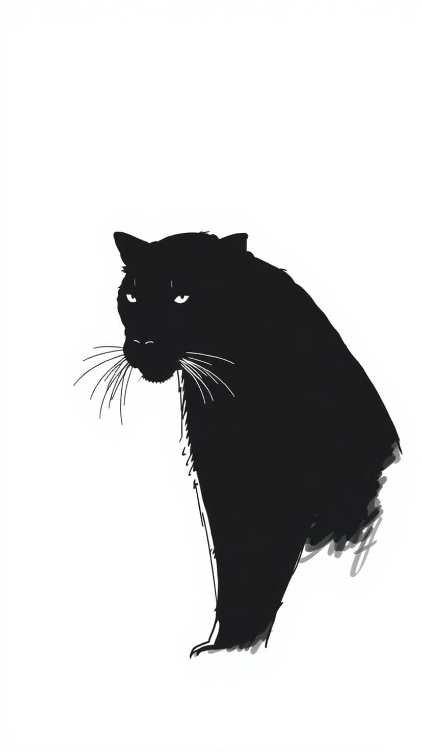 Black panther silhouette with piercing yellow eyes and long whiskers set against a clean white backdrop.
