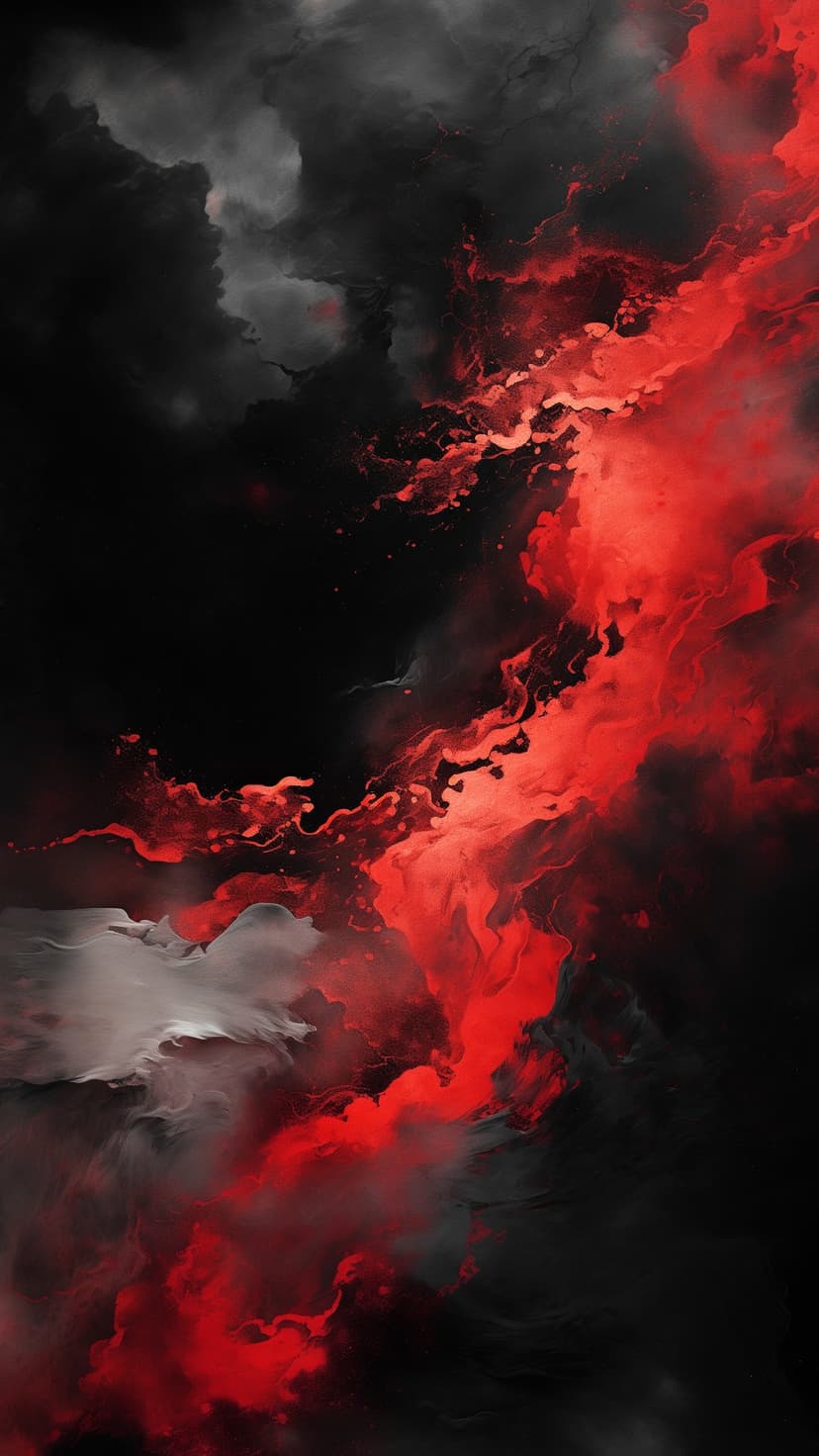 Swirling red clouds of cosmic gas and grey smoke drift across a dark black background in a vertical composition.