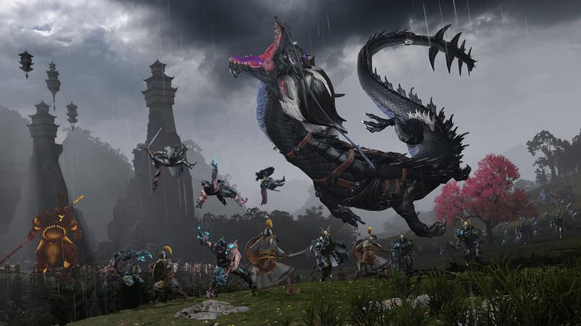 Large black dragon soaring above armored soldiers on a rainy battlefield with pagodas and a glowing giant.
