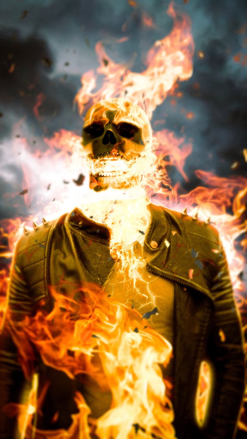 Flaming skull with a glowing face wearing a spiked black leather jacket surrounded by dark smoke and orange embers.