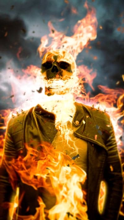 Flaming Skull Rider in Spiked Jacket Mobile Wallpaper