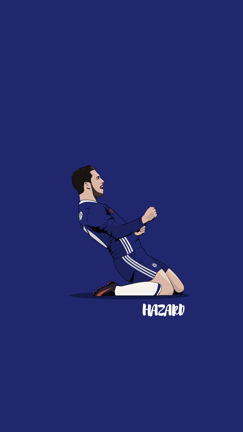 Eden Hazard kneels in a navy blue jersey and white shorts celebrating a goal against a solid blue background.