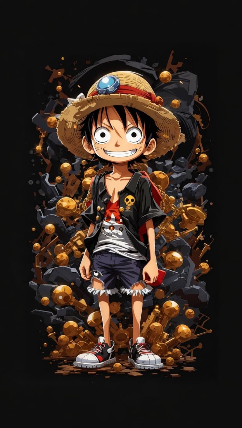 Monkey D. Luffy wearing a straw hat stands among scattered gold coins and dark rocky debris in the shadows.