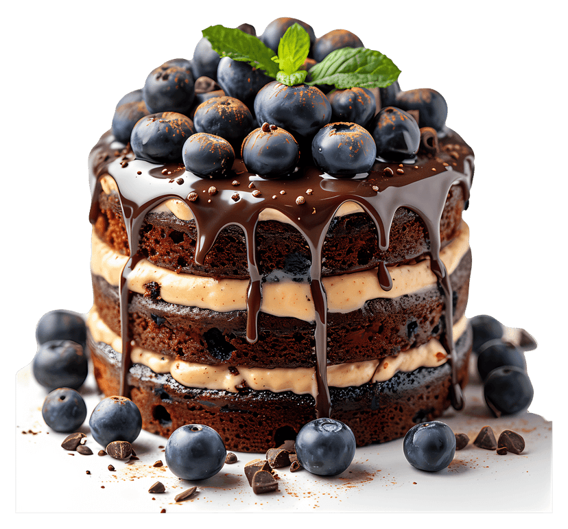 Blueberry chocolate cake showing dark sponge layers topped with fresh berries and green mint leaves on clear space.