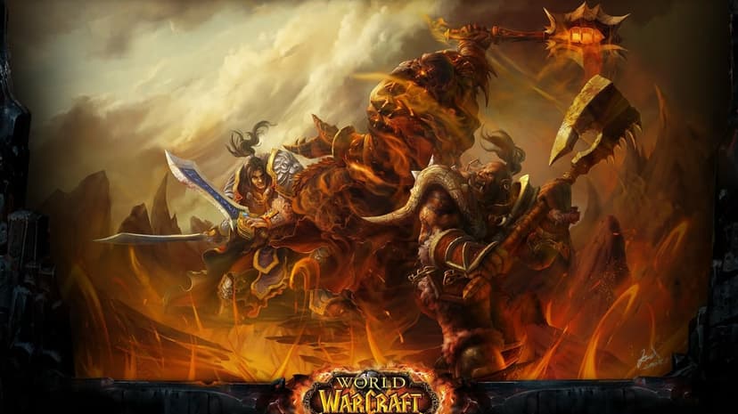 Varian Wrynn and Garrosh Hellscream fight a towering fire elemental amidst swirling flames and glowing embers.