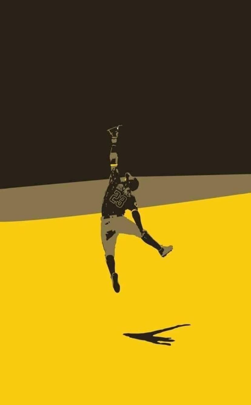 Baseball outfielder jumping vertically to catch a ball against a solid yellow background with dark shadows.