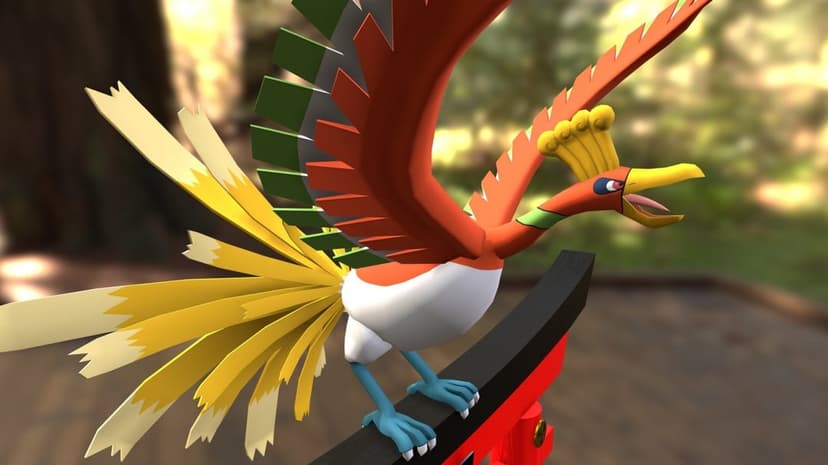 Ho-Oh perched on a red and black Torii gate with open beak and colorful tail feathers in a sunlit forest.