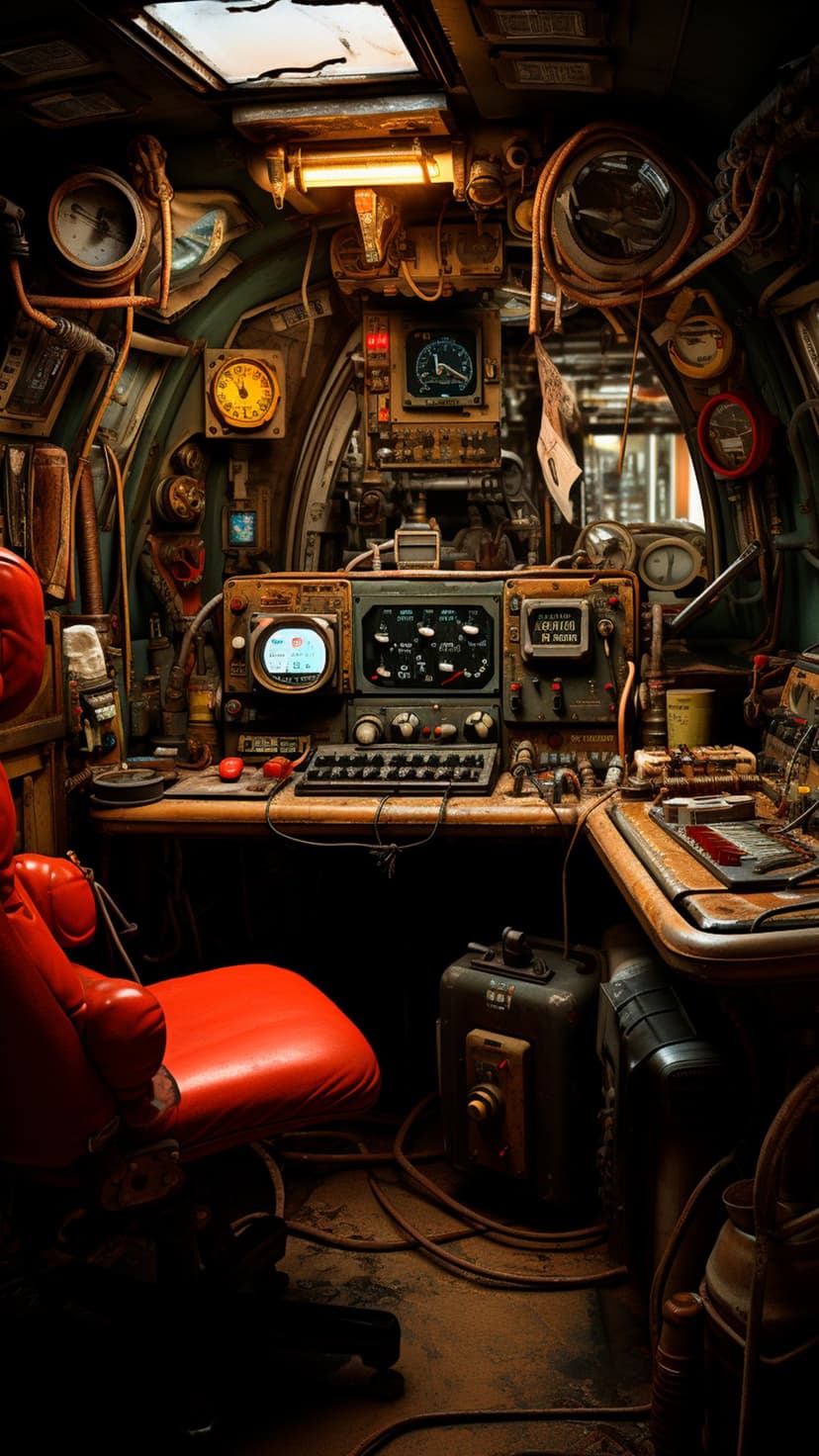 Red velvet armchair faces a cluttered console of brass gauges and copper wiring in a dim industrial room.