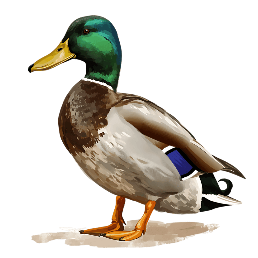 Mallard duck male standing profile showing iridescent green head and speckled chest plumage on black backdrop.