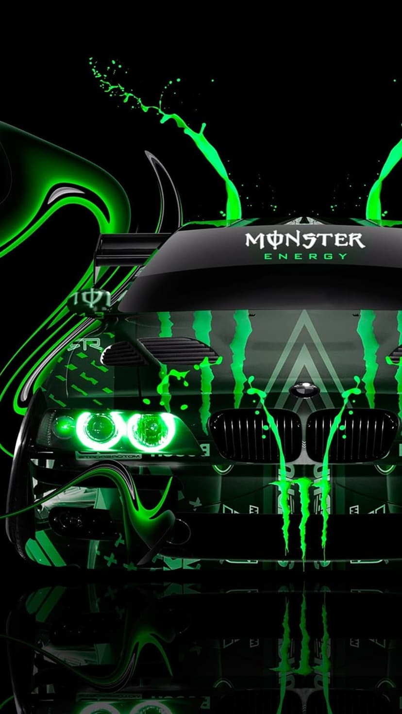 Racing car with neon green headlights and Monster Energy claw logos against a dark, splattered background.
