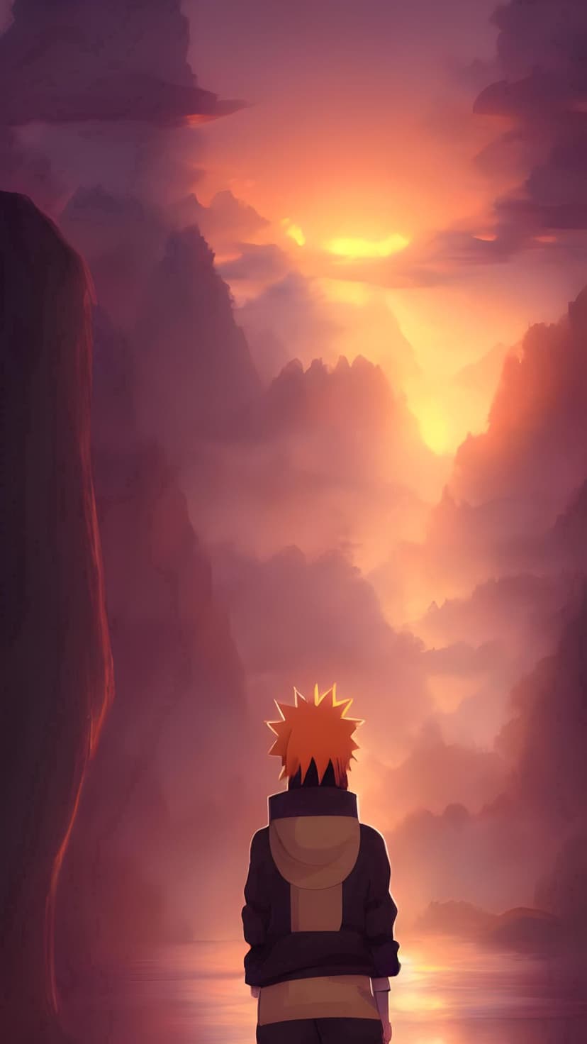 Naruto Uzumaki stands on a still lake, silhouetted against a vibrant orange sunrise and misty mountain peaks.