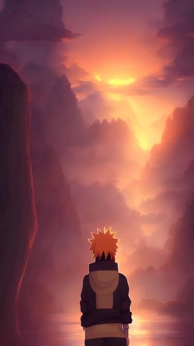 Naruto contemplating sunrise over misty mountains