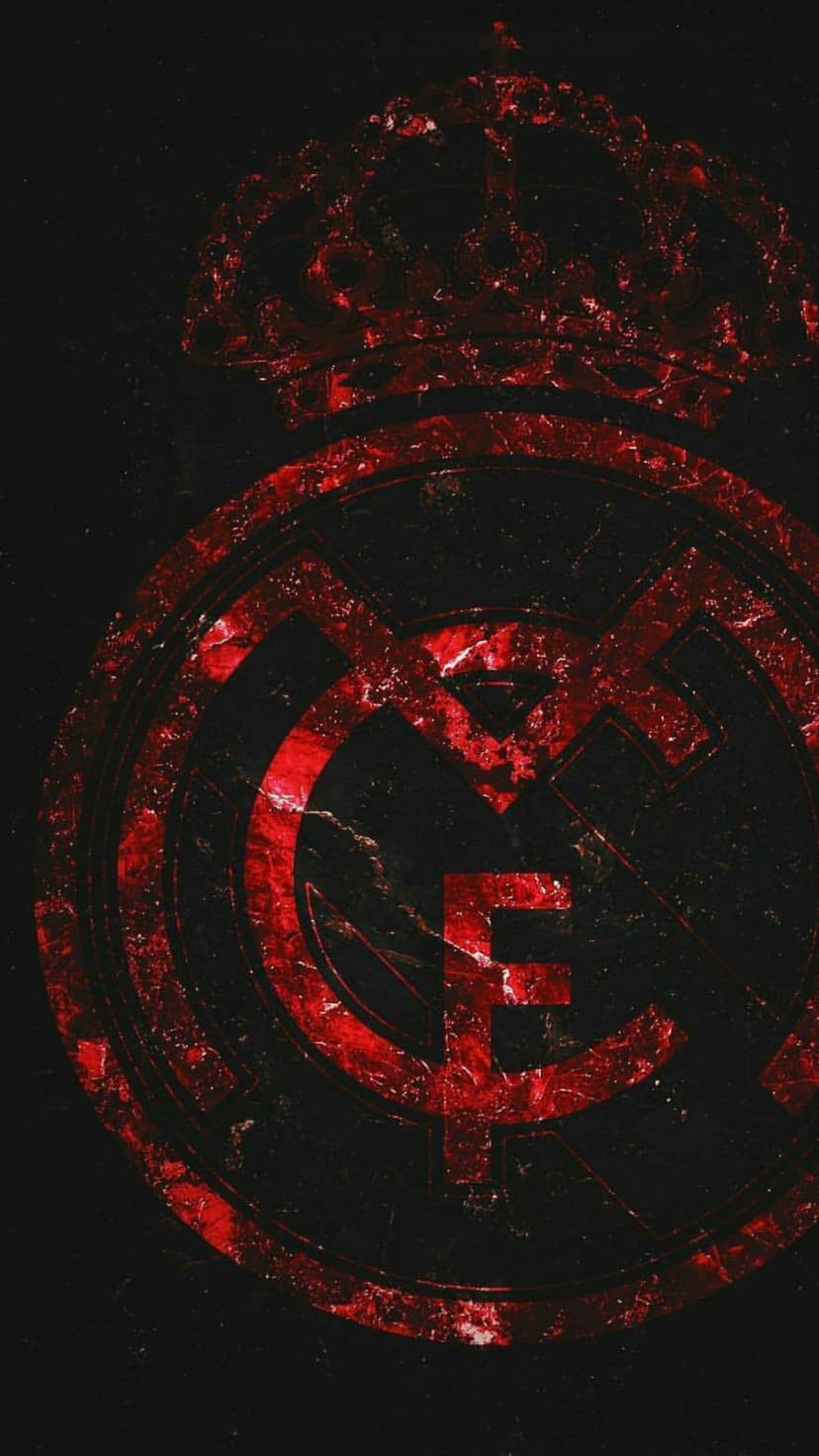 Real Madrid crest with a crown and monogram in distressed red metallic over a dark black textured background.
