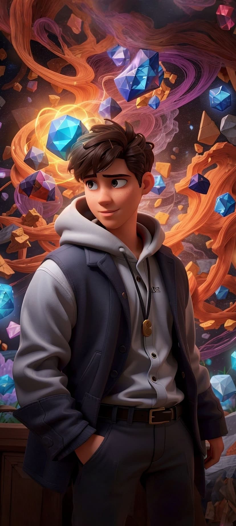 Teenage boy with brown hair smiles amidst floating blue gems and swirling orange and purple cosmic energy.