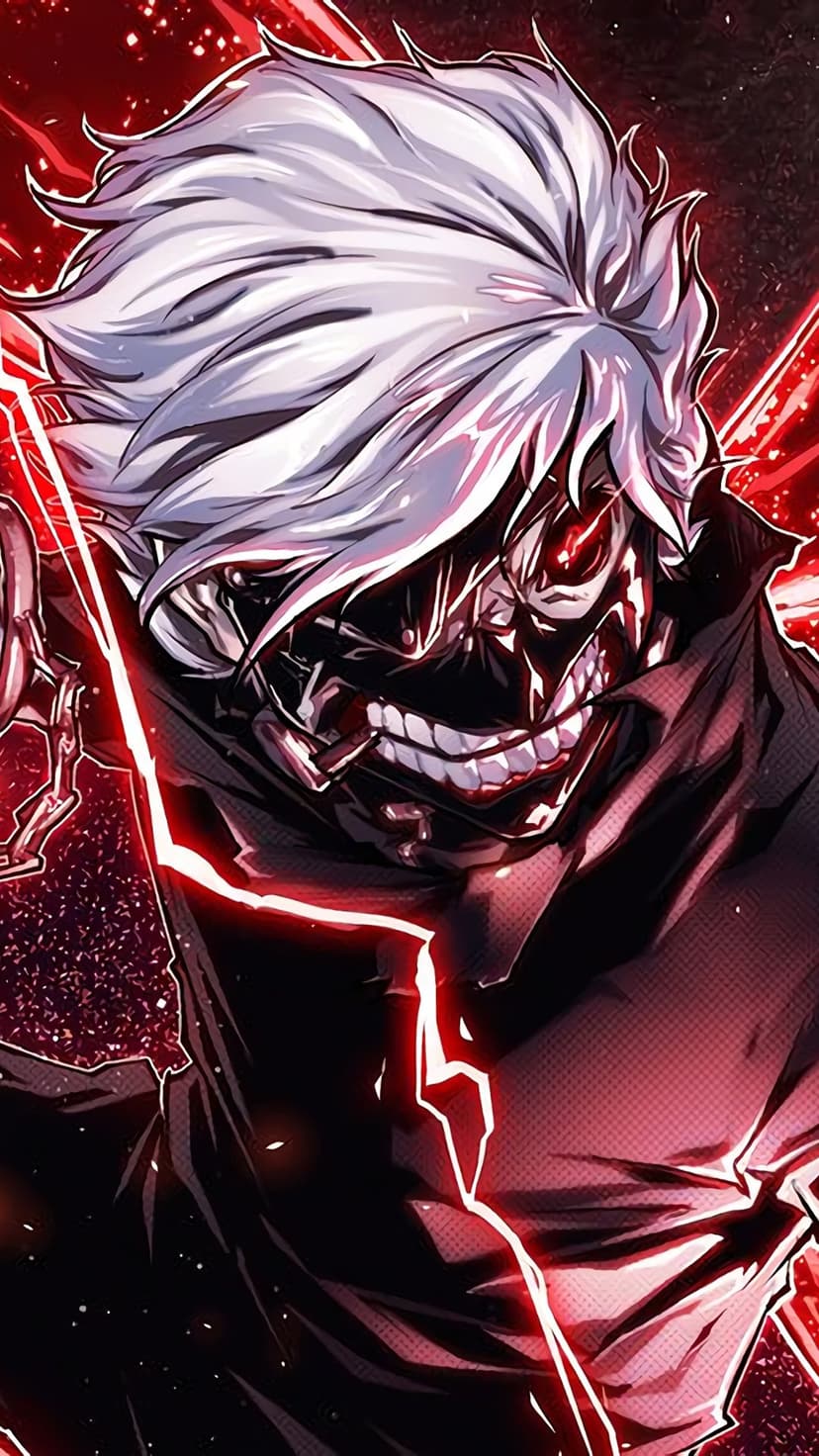 Ken Kaneki wearing a black ghoul mask with sharp teeth, surrounded by red lightning and a glowing aura.