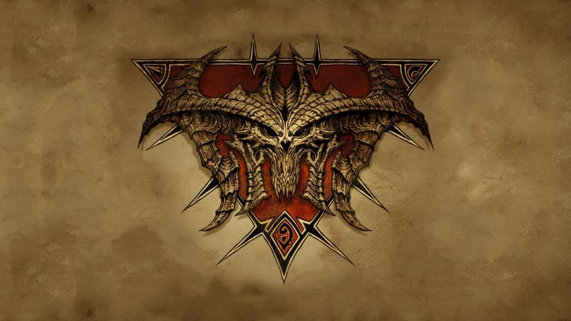 Intricate demonic skull with curved horns inside a red triangle on a weathered tan parchment background.
