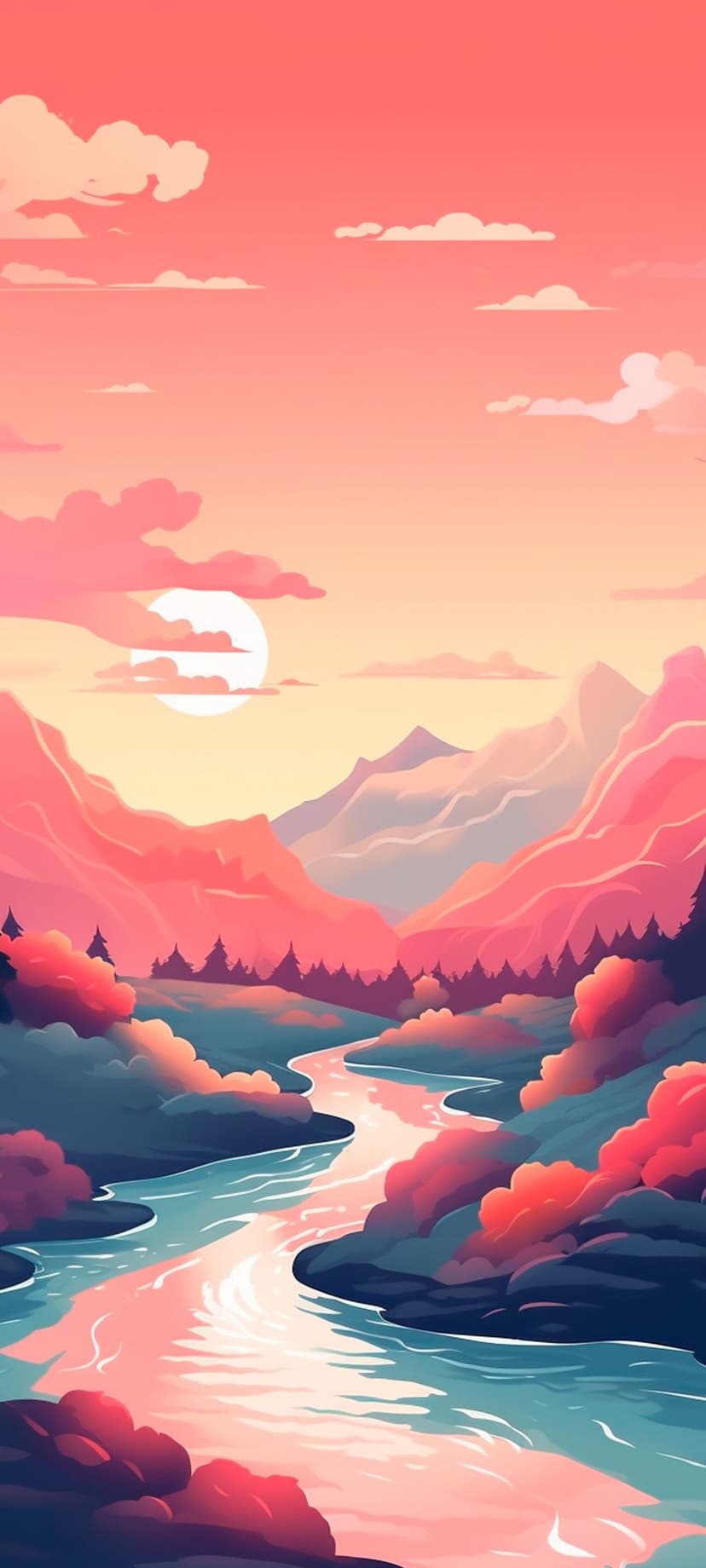 Pink mountains overlook a winding river flowing through a lush valley beneath a soft, gradient sunset sky.