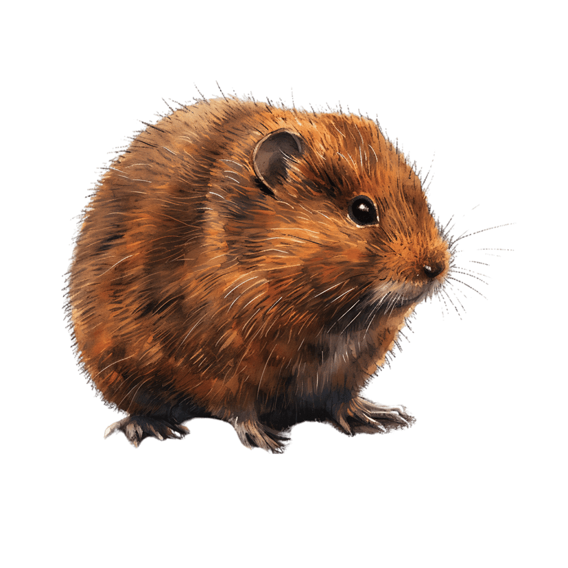 Brown vole watercolor painting shows a small rodent in profile with detailed fur and long whiskers on black.