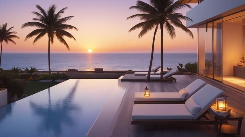Infinity pool at a modern villa overlooks the ocean at sunset with palm trees silhouetted against a golden sky.