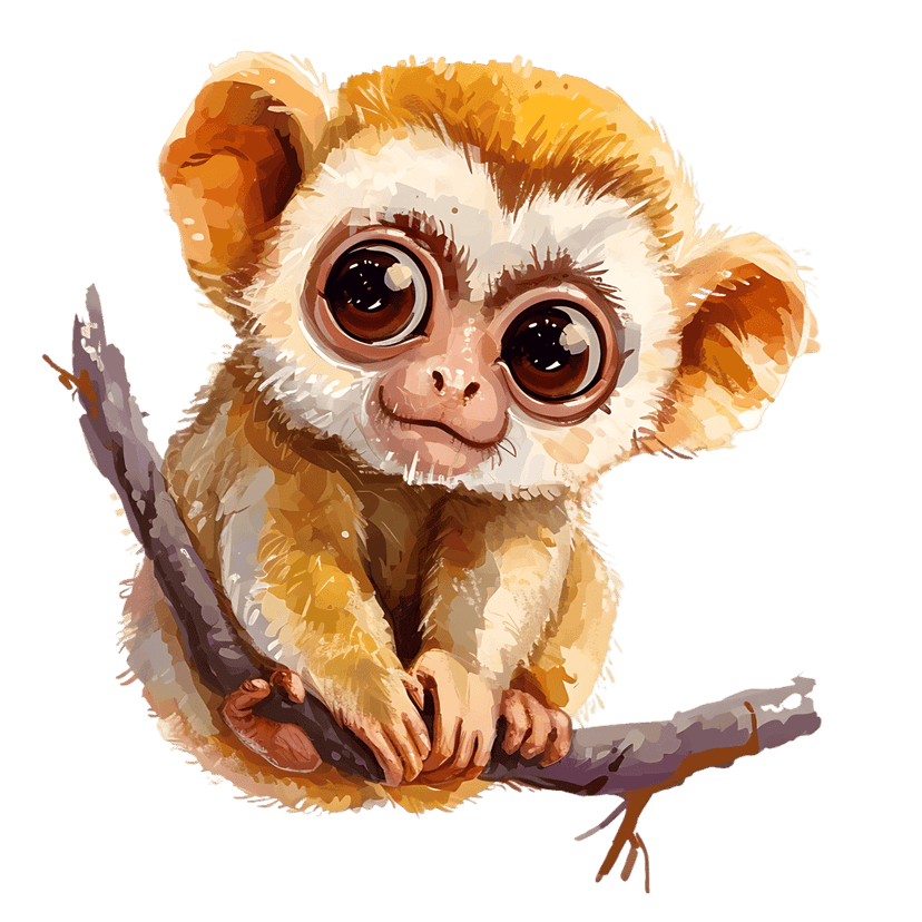 Slow loris primate illustration with orange fur and large brown eyes perched on a textured tree branch.