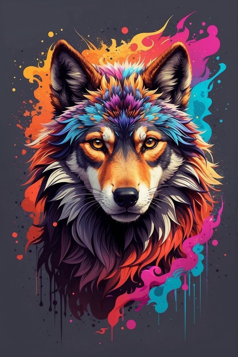 Wolf head with neon orange and purple fur highlights gazes forward against a dark textured gray background.