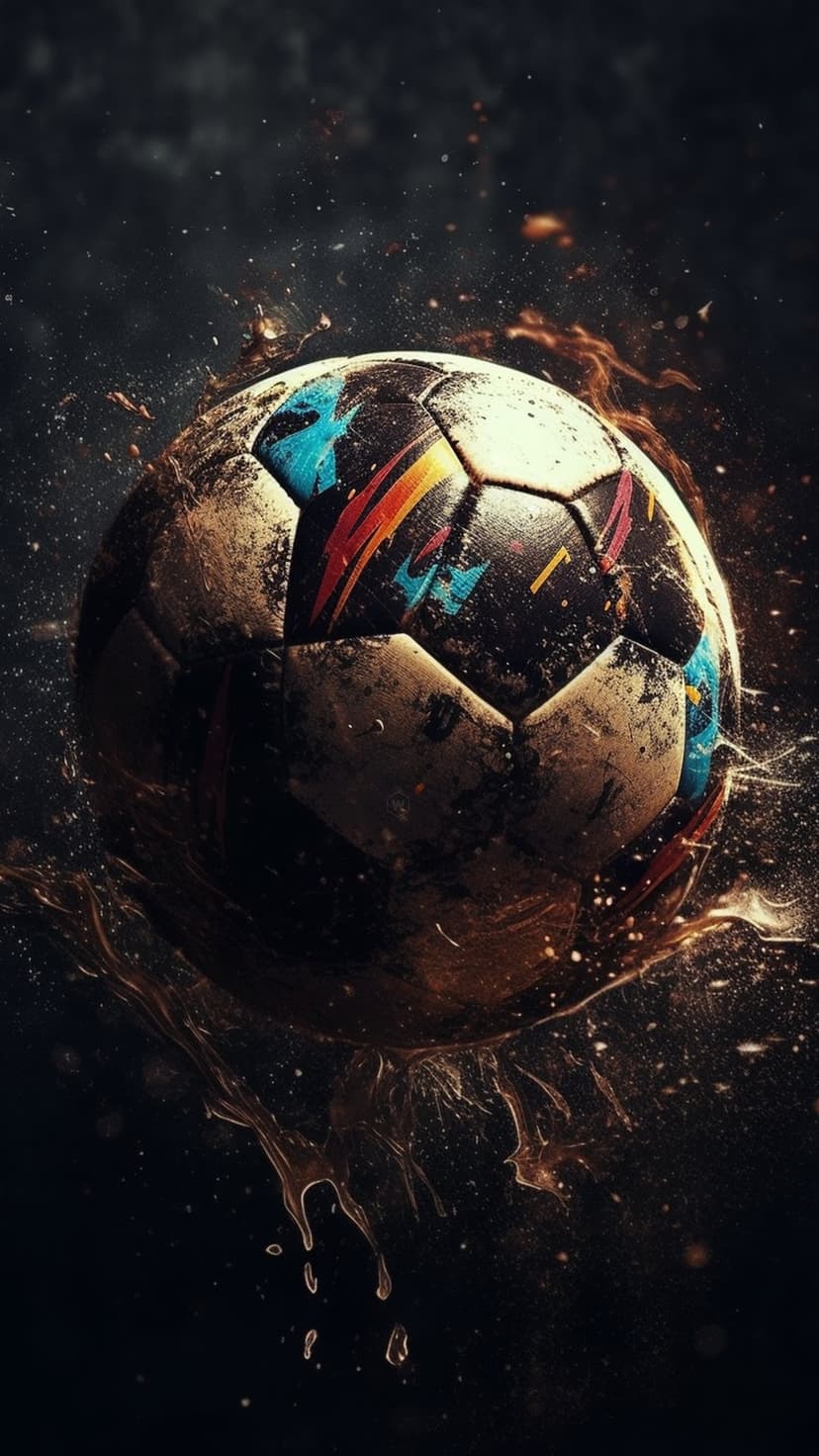 Muddy soccer ball with glowing multicolored streaks and dark liquid splashes in a close-up action shot.