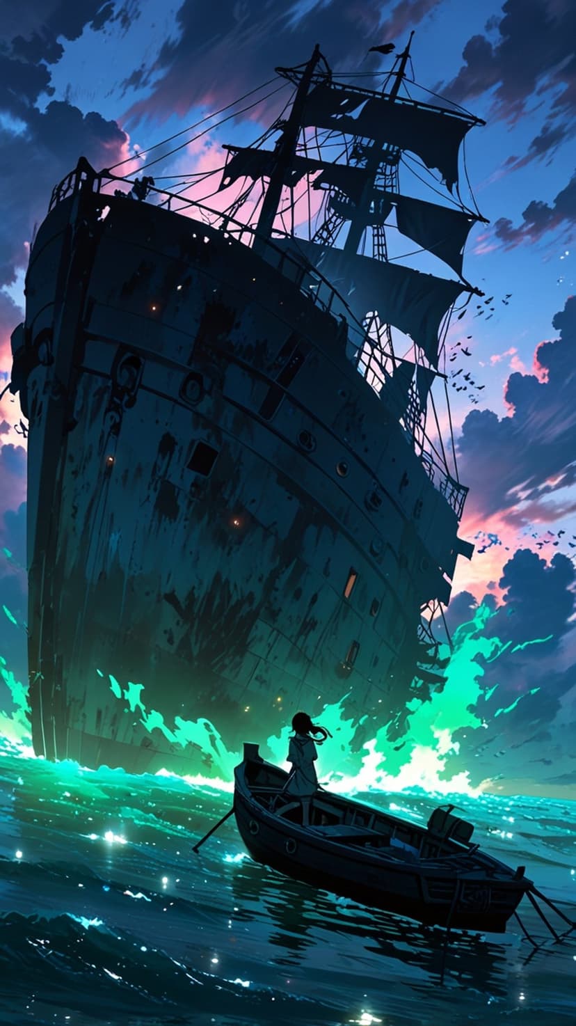 Girl in a rowboat faces a massive skeletal ship as bioluminescent green waves crash beneath a sunset sky.