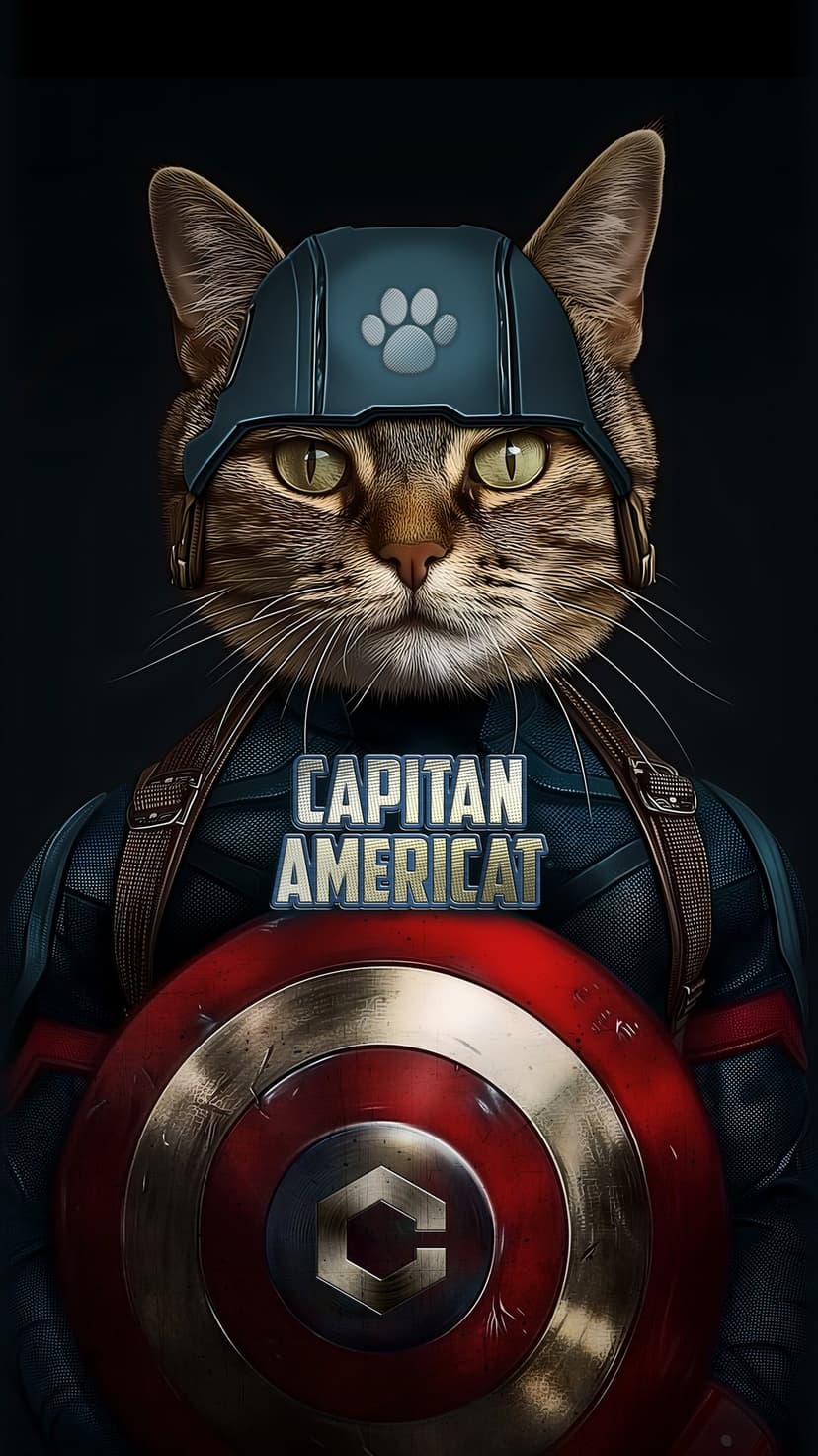 Cat dressed in a blue Captain America helmet and costume holding a red and white circular star-emblazoned shield.